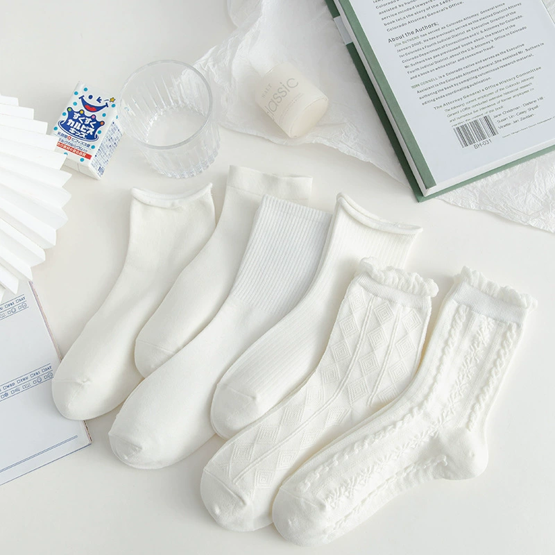 Mid-Length Socks (Tide) — White princess style, universal CN36–43, 6-pattern set