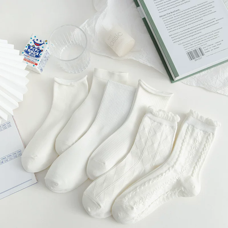 Mid-Length Socks (Tide) — White princess style, universal CN36–43, 6-pattern set