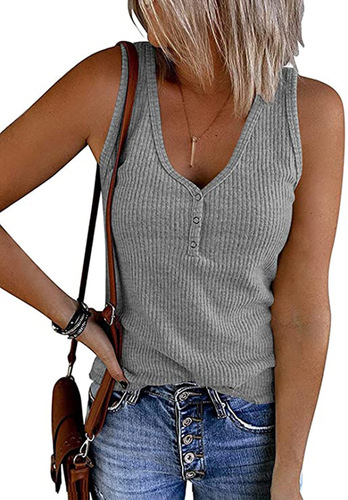 Amazon Summer New Cross-border Women's Fashion Knitted Vest with Buttons, Solid Color V-neck Sleeveless Top for Women