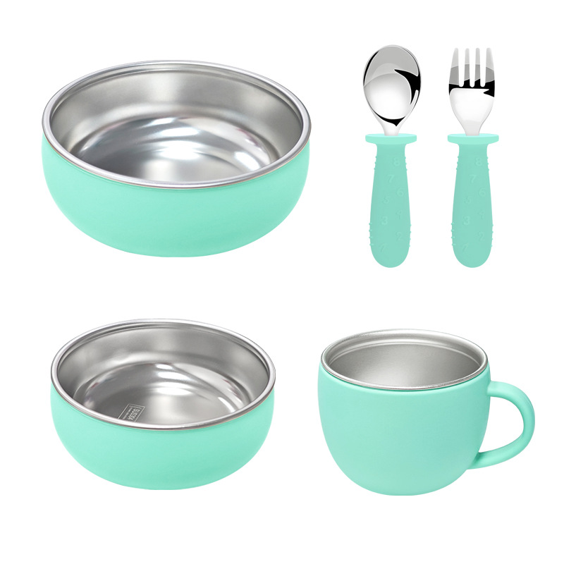 Amazon desmontable plato de comedor para bebés y madres tazón de silicona cuchara horquilla 304 acero inoxidable conjunto de plato de comedor infantil