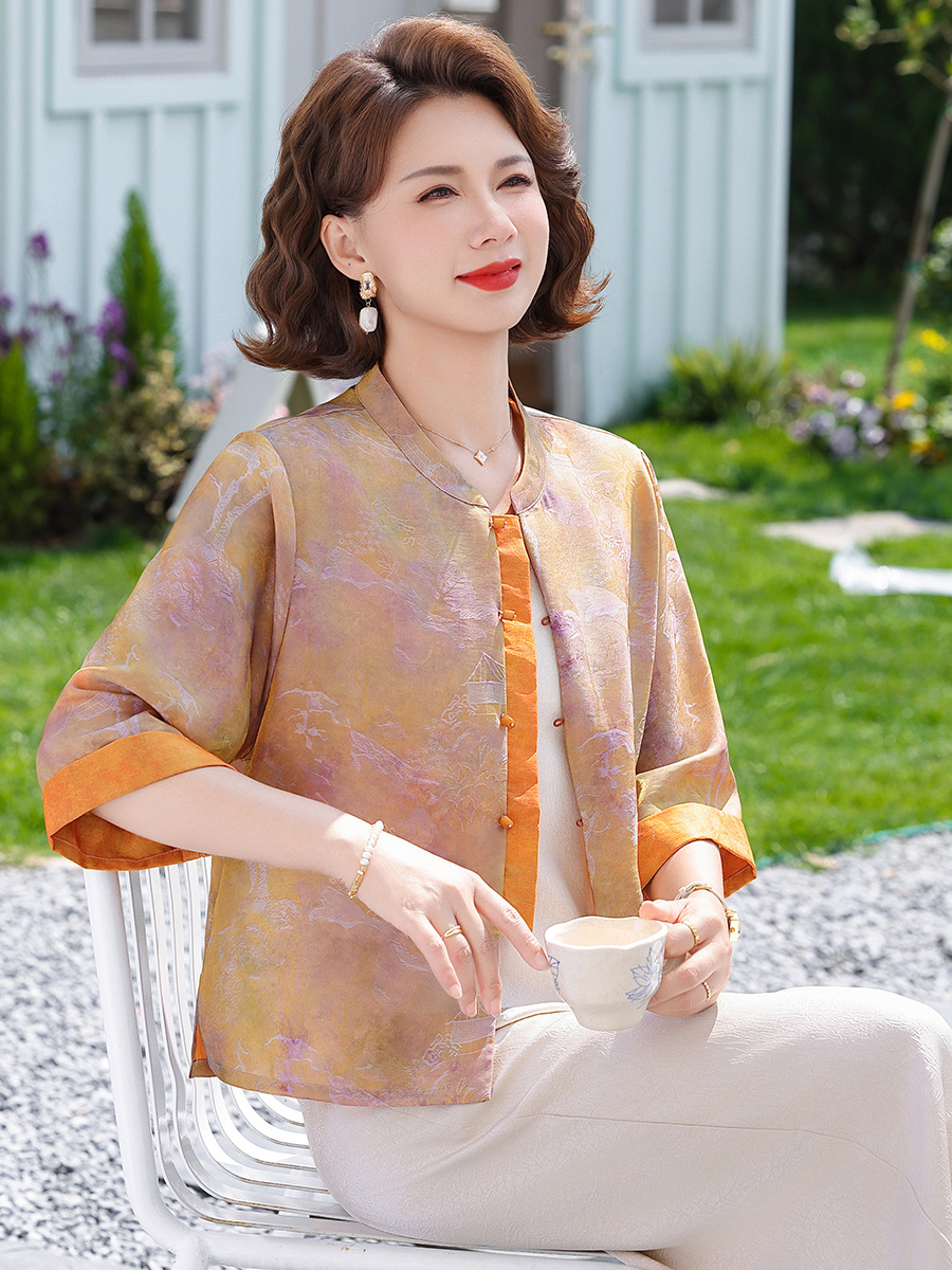 俏雅莹夏季款国风浮光锦开衫上衣妈妈装中袖小衫两件套中老年女装
