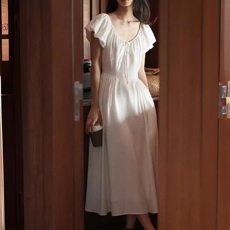 Gallery Girl Wrinkle-resistant French Puff Sleeve V-neck Dress Slimming Fairy Dress Summer New