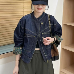 复古立领拉链牛仔短外套女2025秋季新款宽松减龄百搭休闲夹克上衣