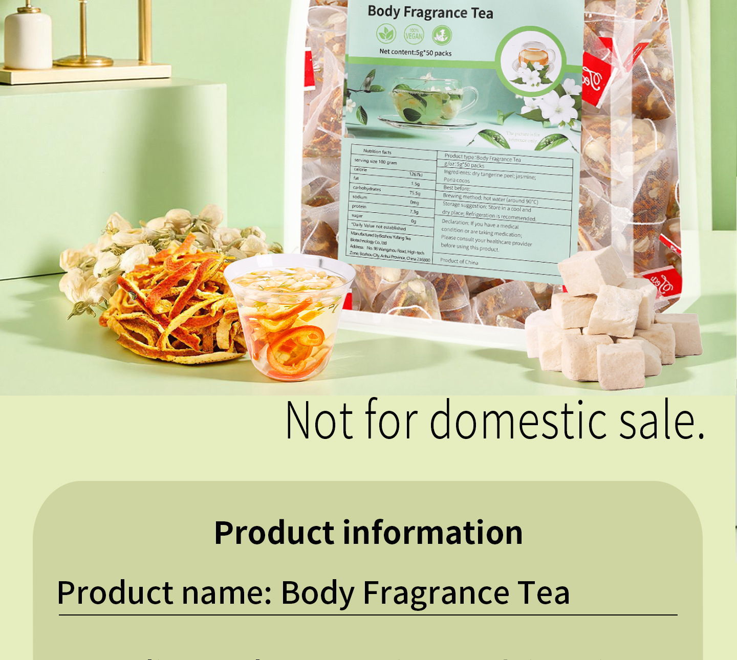 Jasmine Tea with Poria and Tangerine Peel Fu Ling Ju Pi Cha Pyramid Tea Bags 10 Pack 50g Sugar Free overview