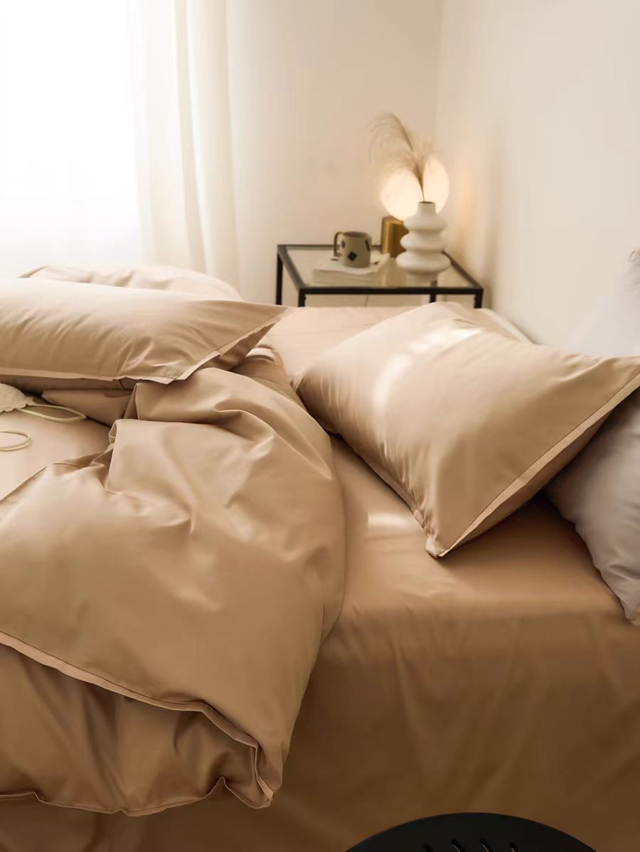 Estilo nórdico 100S algodón de cuatro piezas de satén de algodón de fibra larga algodón de cuatro piezas de algodón puro simple funda de edredón de cama de color sólido sábana