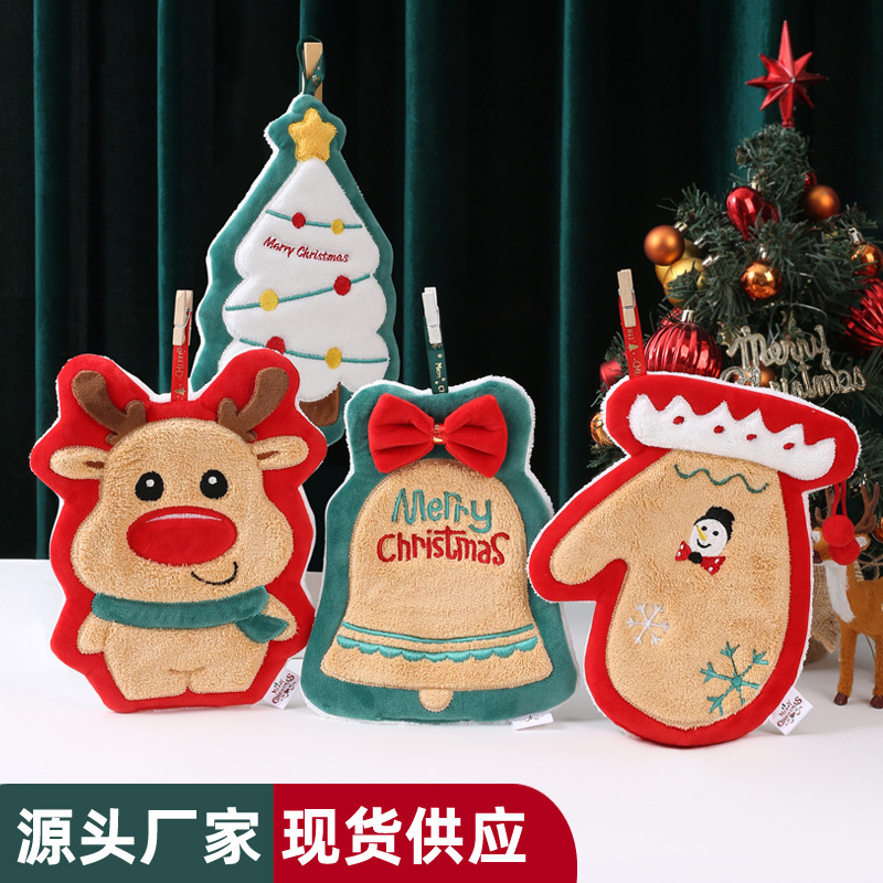 Christmas towel can be hung new thick coral fleece absorbent quick-drying cloth kitchen embroidery hand towel