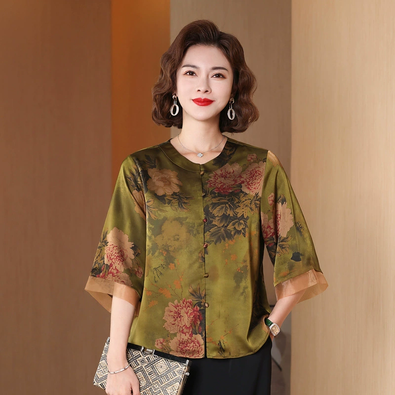 Высококачественная мама одеваются с рукавами топ среднего и пожилого возраста женщины в стиле ретро китайская футболка летняя новая иностранная рубашка