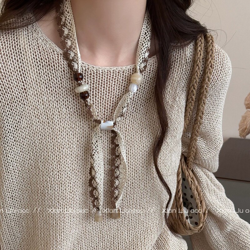 Bohemian Style Lace Beaded Silk Scarf Necklace for Women 2026 New Model High-End Personalized Niche Pull-Out Neck Chain