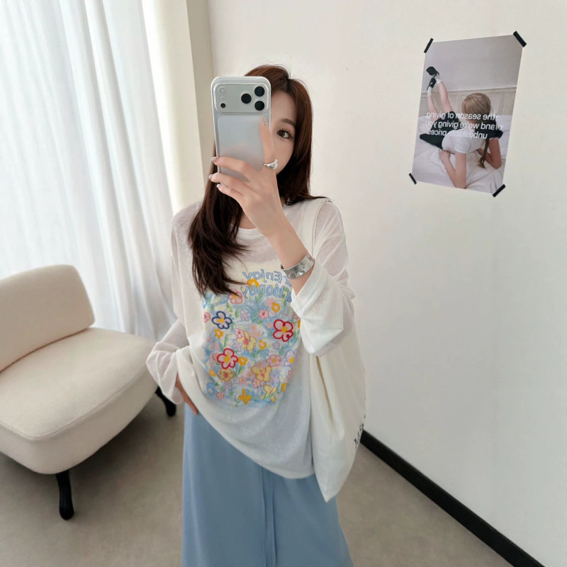 Summer Thin Floral Print Fashion See-Through Lyocell Long-Sleeve T-Shirt, Casual Style, Age-Reducing Sun Protection Shirt, Cover-Up for Women Summer Thin Floral Print Fashion See-Through Lyocell Long-Sleeve T-Shirt, Casual Style, Age-Reducing Sun Protection Shirt, Cover-Up for Women