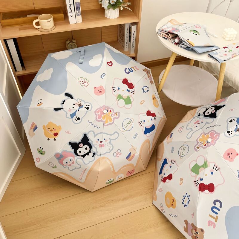 Cute Kt Family Umbrella 70% off Eight-Bone Folding Automatic Umbrella Dual-Use for Sun and Rain with Black Coating for Sun Protection Convenient