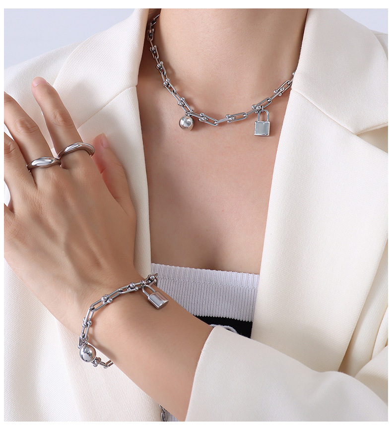 European and American lock round bead titanium steel 18k gold necklace bracelet