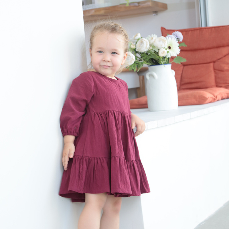 Amazon nuevo vestido de los niños transfronterizos de manga larga de algodón y lino vestido de los niños de Europa y América Comercio exterior de color sólido vestido de una sola pieza de las niñas