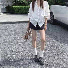 【爆款现货】韩版时尚气质泡泡袖收腰白色翻领衬衫女夏季感上衣