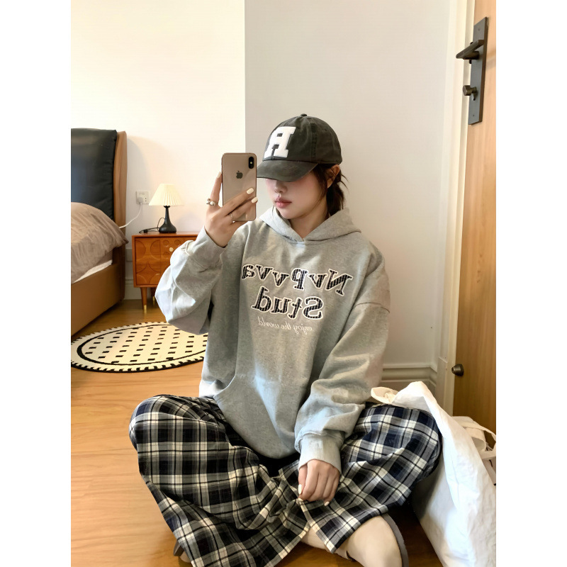字母美式复古蓝格纹贴布绣连帽卫衣女秋冬宽松休闲韩系百搭上衣女|undefined