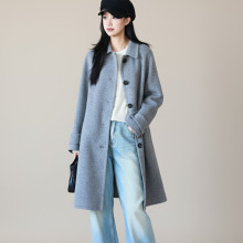 巴黎诗集 蚕丝羊驼毛双面呢中长款大衣 复古翻领单排扣羊毛外套女