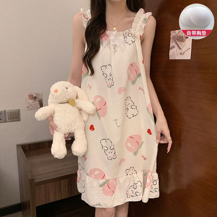 Venta al por mayor transfronteriza nuevo estilo verano honda almohadilla para el pecho pijama mujer lindo dulce y cómodo paño arrugado burbuja camisón de longitud media