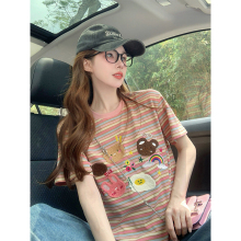 粉色条纹短袖t恤女2024新款夏季趣味卡通刺绣减龄设计感韩系上衣