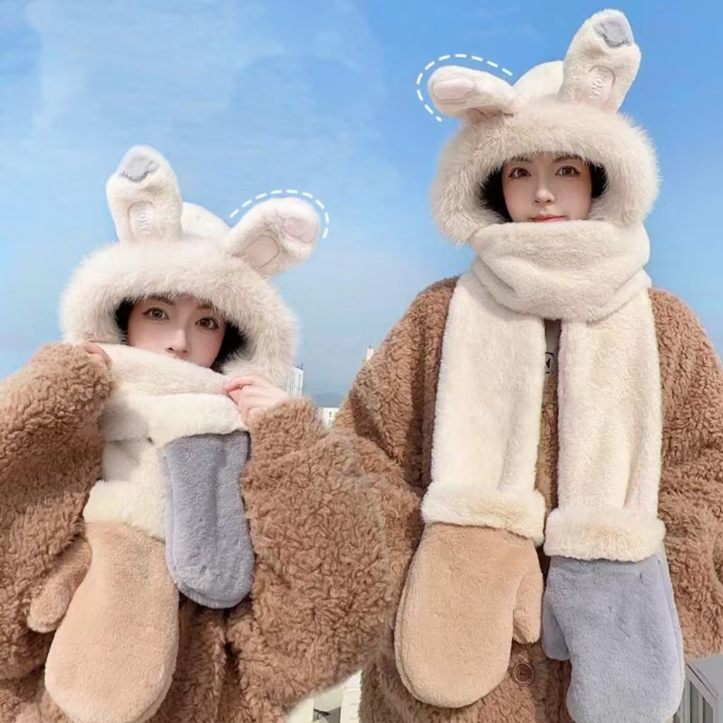 Añadir vello grueso lindos sombrero bufandas de oso en un conjunto de dos piezas para mujeres otoño y invierno nuevo buñuelo de peluche cálido con sombrero