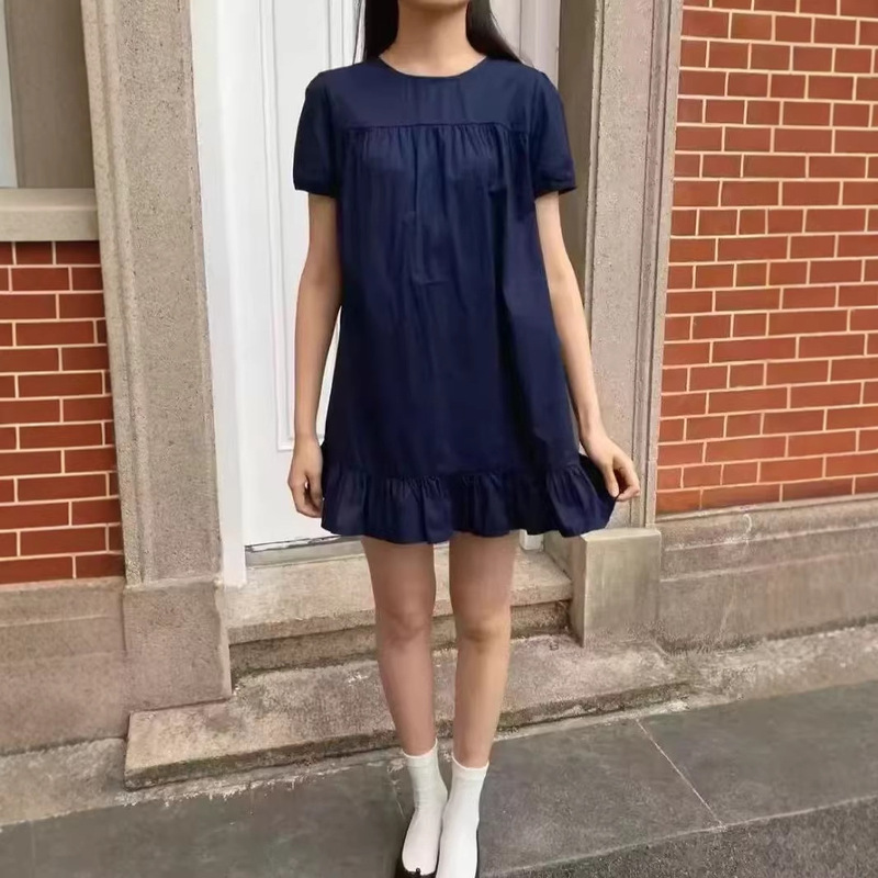 Bm Style New Round Neck Pleated Ruffle Navy Blue Dress for Women, Stylish Summer Sweet Versatile Short Dress Bm Style New Round Neck Pleated Ruffle Navy Blue Dress for Women, Stylish Summer Sweet Versatile Short Dress