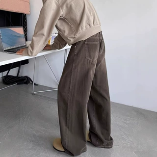 美拉德棕色牛仔裤男装做旧复古宽松直筒裤cleanfit阔腿休闲长裤男