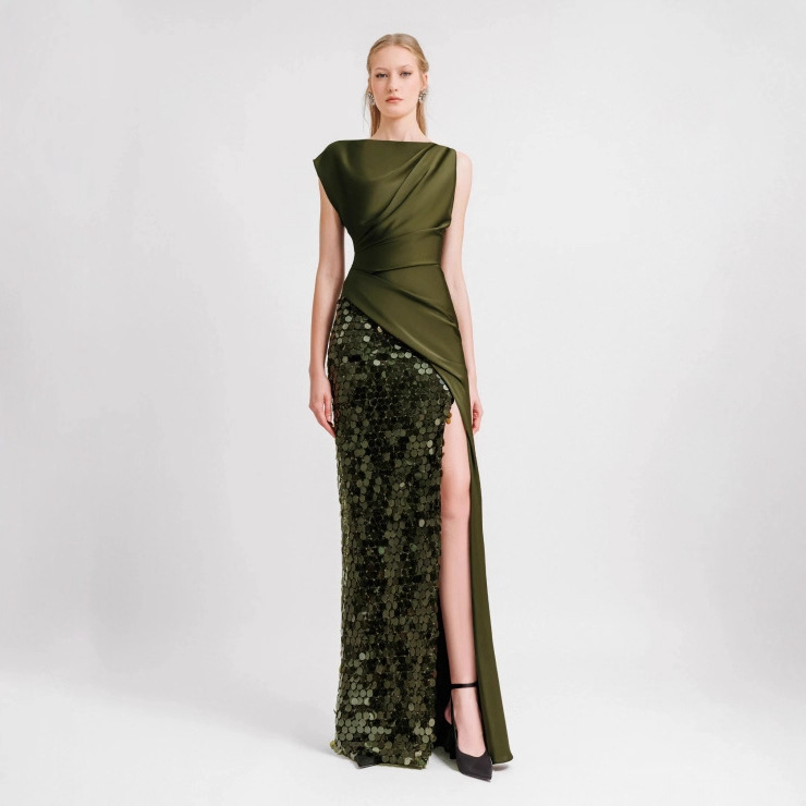 2025 Autumn/Winter Sleeveless Olive Satin Sequin Split Sparkling Dress for Hosting Performances and Evening Events