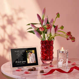 新款情人节礼品套装 跨境爆款 可个性化图案文字水晶花瓶烛台相框