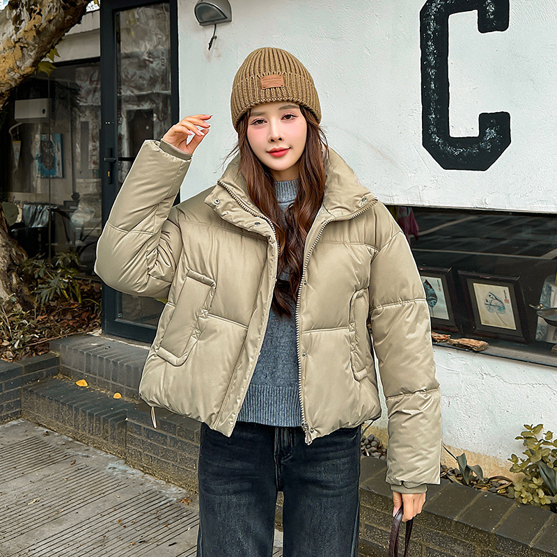 Nuevo cuello corto sin lavado pu piel plumón chaqueta de algodón mujer 2024 chaqueta de invierno chaqueta de algodón gruesa abrigo caliente moda image 7