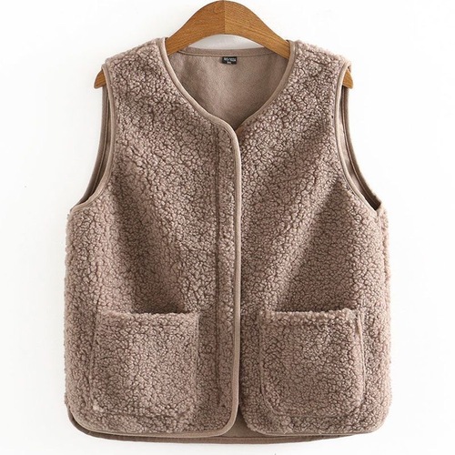New Spring and Autumn Season Granulated Fleece Vest, Granulated Fleece Padded Vest for Women, Coat-style Backless Fleece Vest with Leather and Fleece Combination