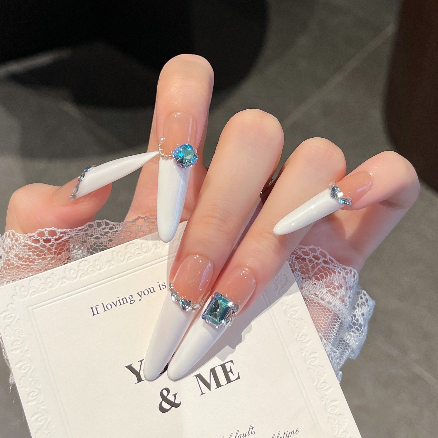 Manual de uso de uñas azul marino diamante blanco francés largo perro fino 4.0 manicure de alta calidad manicure parche de manicure manual puro