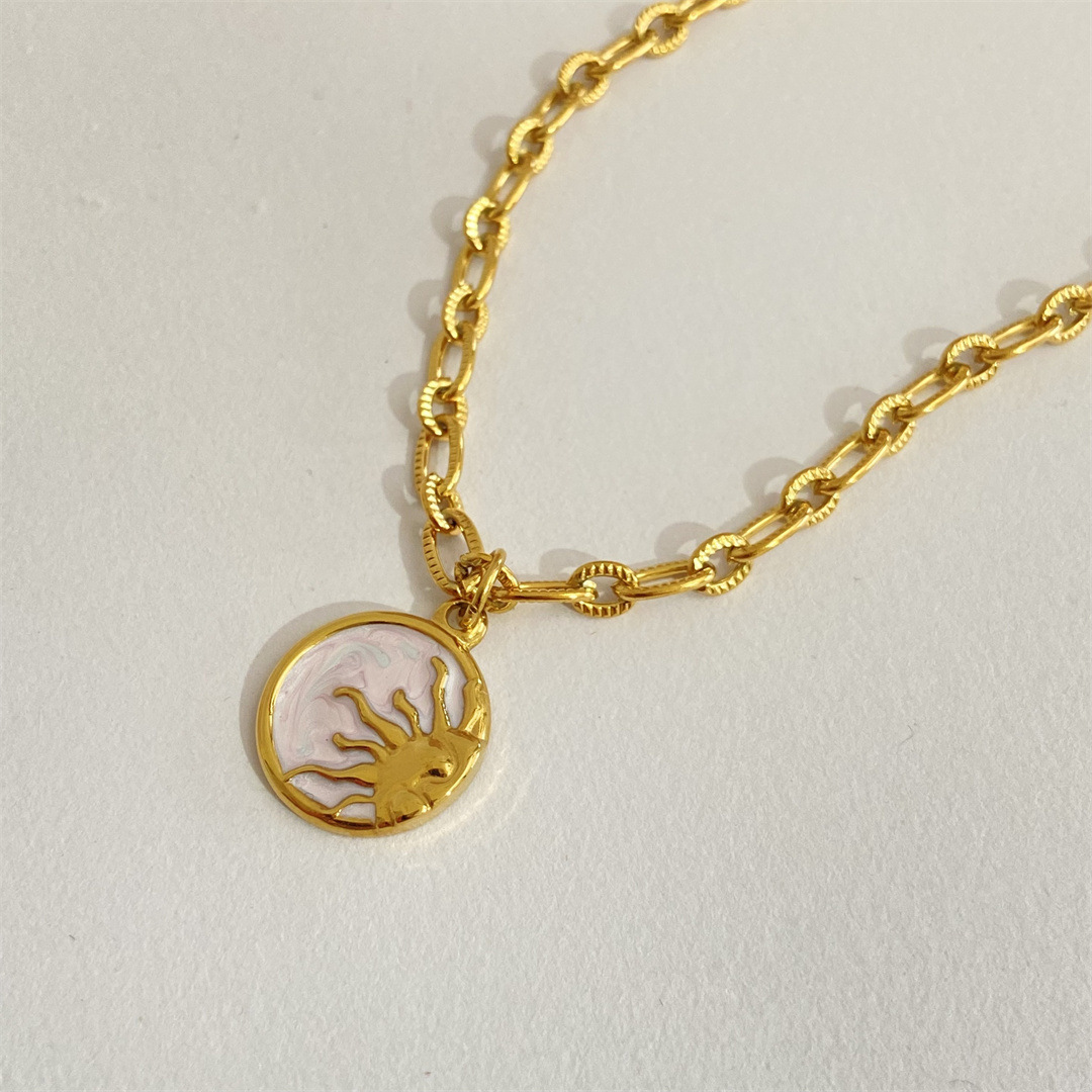 Women's Gender Wholesale Jewelry Retro Sun Star Moon Titanium Steel Rhinestones Shell 18K Gold Plated Plating Inlay Pendant Necklace