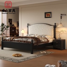 美式中古风实木床现代简约床法式复古双人家用主卧软包波浪提花床