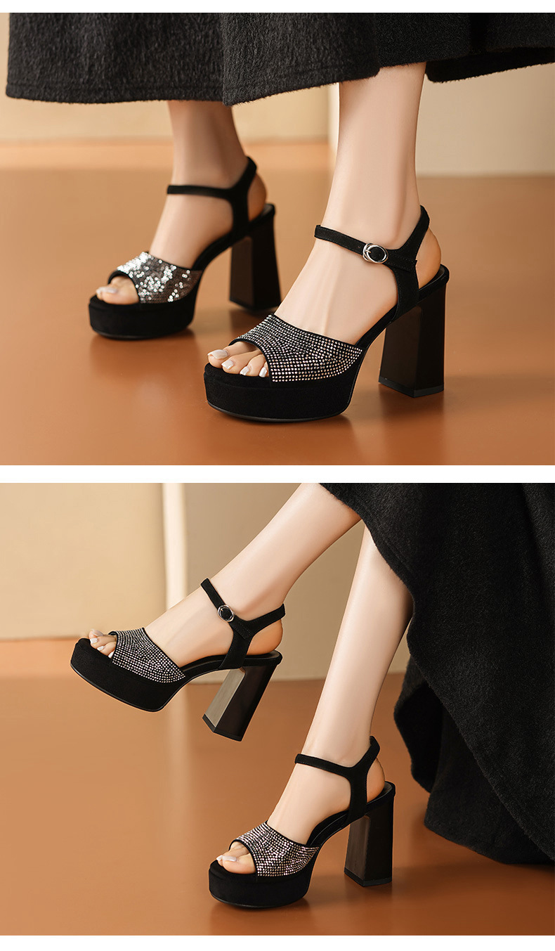 Sandal cao gót nữ hở mũi quai ngang khóa gót 12 cm — đen chi tiết 4