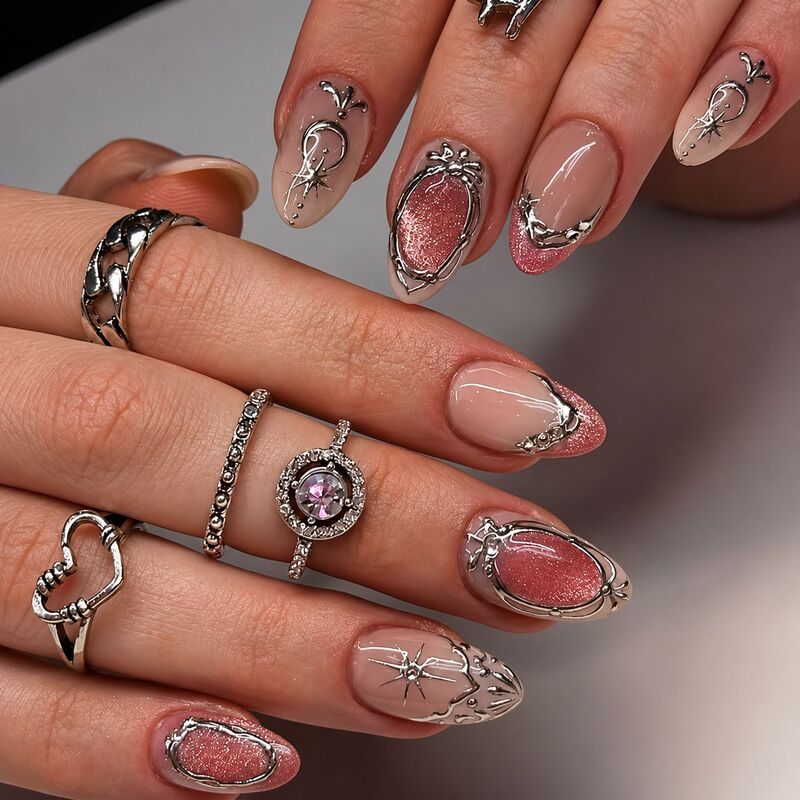 Cat-eye press-on nail art patches in nude pink gradient with star-moon silver line outlines and water drop design, custom-made by the source factory Cat-eye press-on nail art patches in nude pink gradient with star-moon silver line outlines and water drop design, custom-made by the source factory