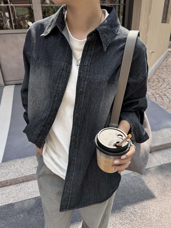 广州黄峥早秋新款韩系简约百搭宽松休闲牛仔衬衫长袖衬衣潮530064|undefined