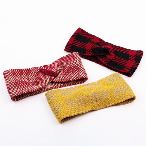 Cross-border bow plaid acrylic wool headband elastic yoga sports headscarf hair accessories ear protection warm European and American
