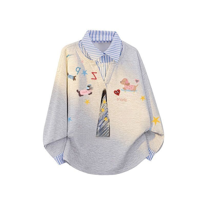 Cute Graffiti Fake Two-Piece Plaid Patchwork Polo Collar Sweatshirt for Women, Loose Japanese College Style Versatile Sleeveless Jacket Cute Graffiti Fake Two-Piece Plaid Patchwork Polo Collar Sweatshirt for Women, Loose Japanese College Style Versatile Sleeveless Jacket