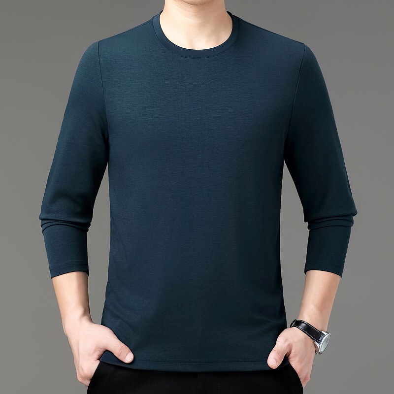 Light Luxury Brand Spring and Autumn Men's T-Shirt, Silk Modal Spring and Autumn Base Shirt, Long-Sleeve T-Shirt for Young and Middle-Aged Men