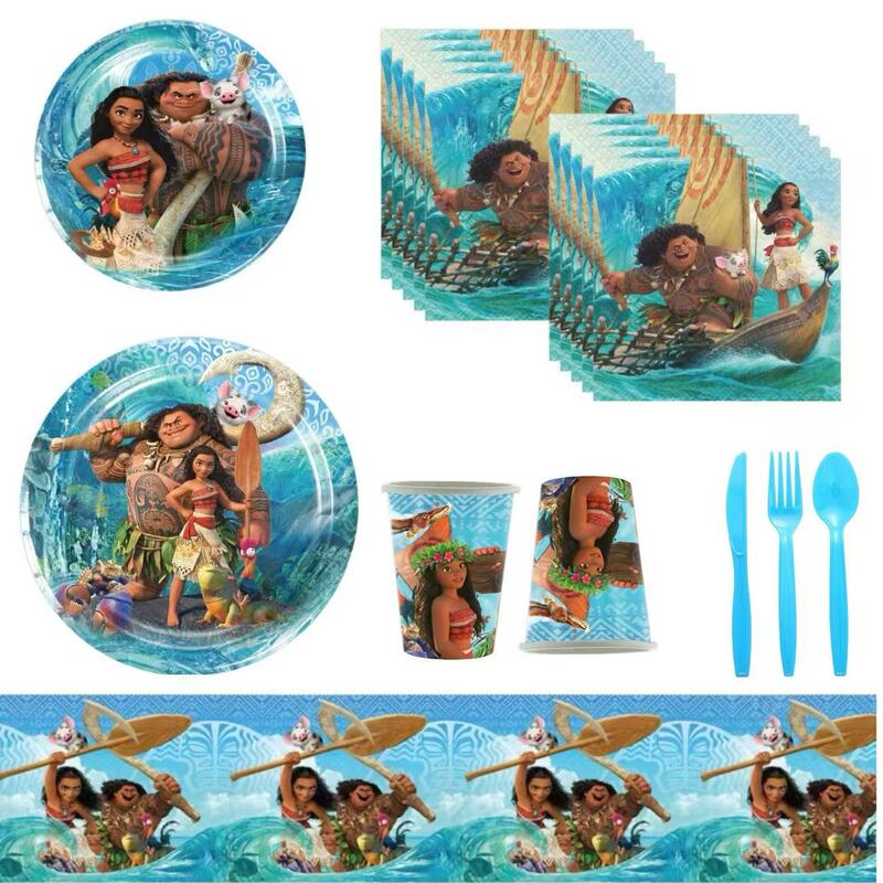 in stock Moana Ocean Wonder Theme Party Decoration Disposable Tableware Paper Cup Paper Plate Tablecloth Knife, Fork and Spoon
