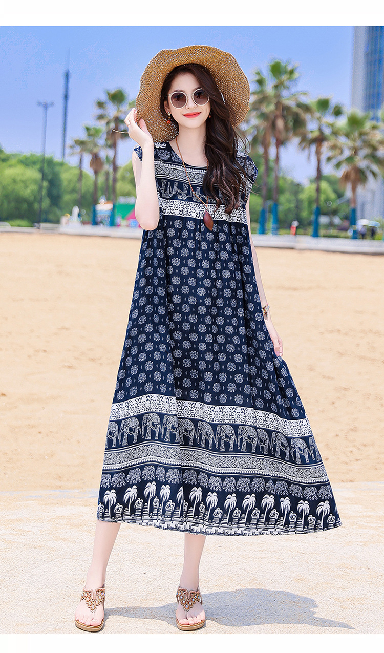2025 New Cross-Border Plus Size Bohemian Beach Long Cotton Floral Women's Summer Dress_ecoleips.com