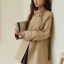 2025秋冬新款女装巴恩风中长款风衣复古立翻领本布腰带外套卡其色