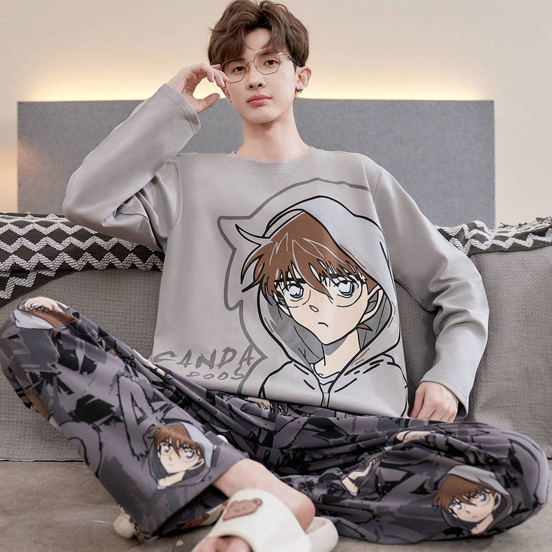 Men's Pajamas Men's Spring and Autum Thin Long-Sleeved Large Size Teenagers High School Junior High School Students Autum Home Wear Set