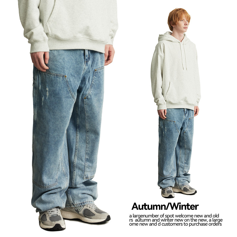 UNF verano pesado lavado, desgastado y desgastado, pantalones de tala, jeans rectos de algodón callejero americano, hombres y mujeres