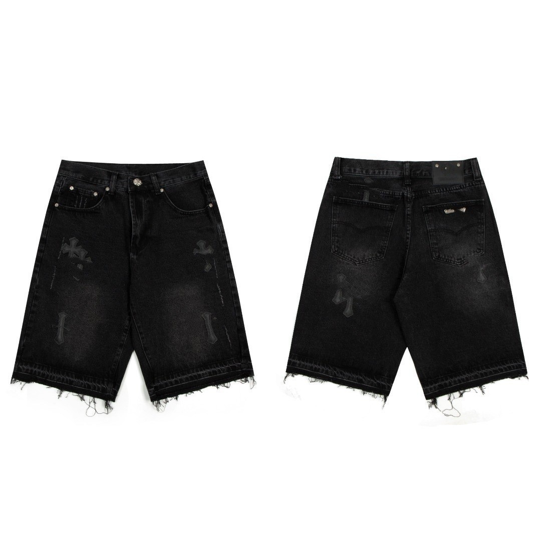 Ch+ Cross-Border Foreign Trade Spring and Summer Hot-Selling Items: Cross-Patterned Leather Patchwork Denim Shorts for Couples, Available for Dropshipping