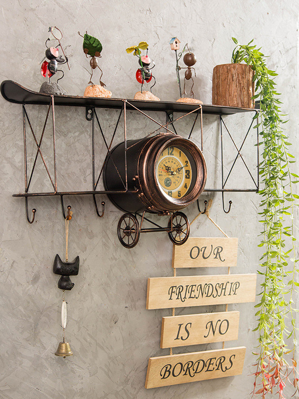 美式复古飞机模型置物架壁饰壁挂螺旋桨钟表创意铁艺墙壁装垒德株