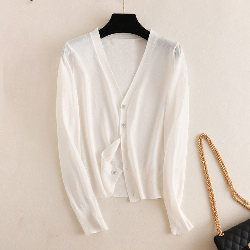 Ice Silk Knitted Cardigan Thin Women's Summer Slip Skirt Outer Waistle Sunscreen Blouse Long-sleeved Short Top