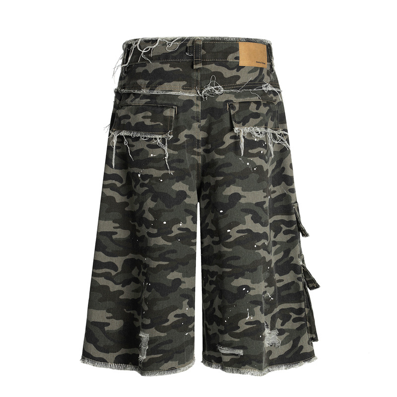 Dc+G6809 Splash-Ink Ripped Deconstructed Design Camouflage Shorts Retro Pants Summer Men's and Women's Straight Cropped Pants