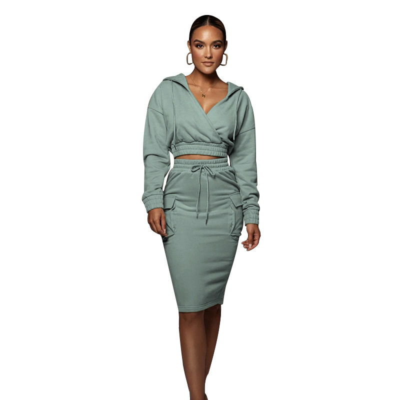Women's Clothing 2024 autumn and winter solid color V neck hooded hip mid skirt women's urban casual long sleeved sweatshirt suit_voghion.com