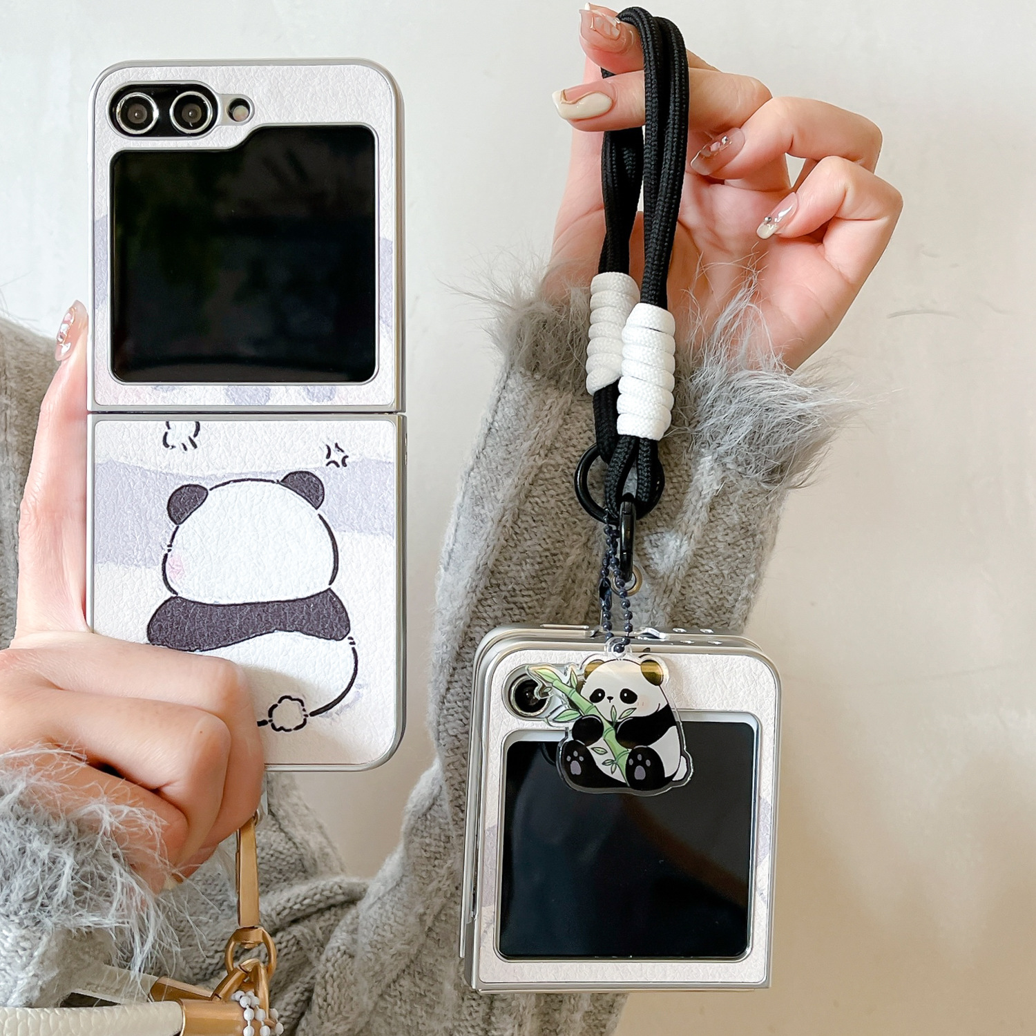 可爱熊猫链条适用三星zflip7手机壳zflip3折叠保护壳ZFlip5/6情侣