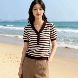韩系时尚条纹V领短袖针织衫女夏季新款设计感纽扣修身显瘦上衣潮