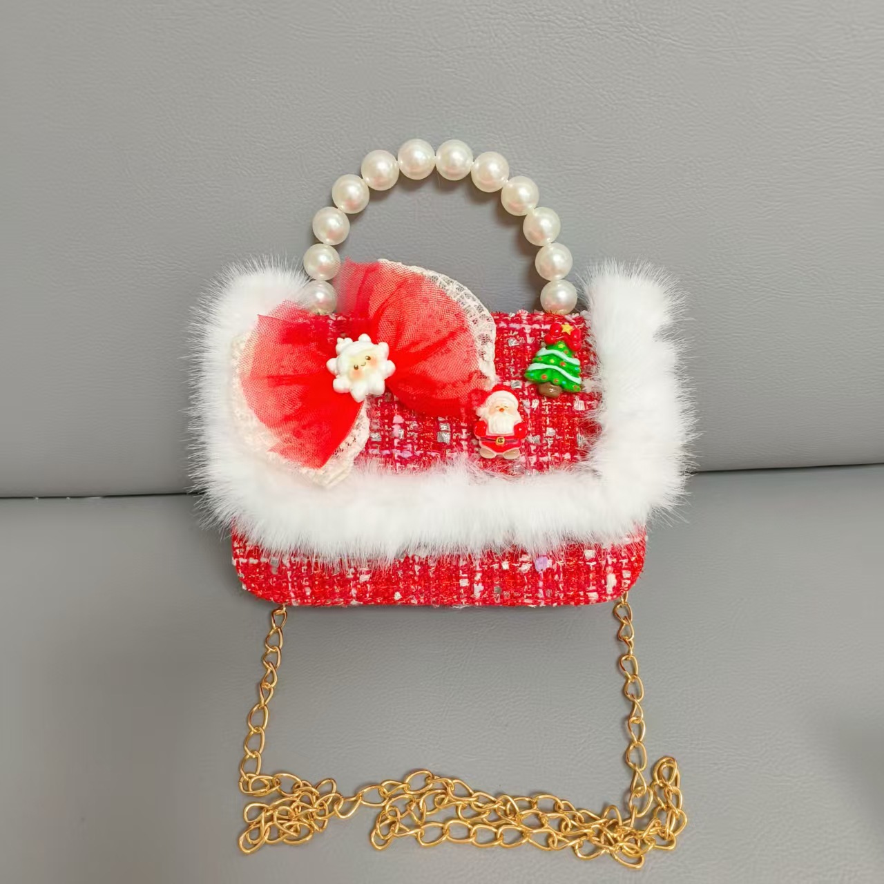 Gran bolso de perla de arco rojo, Santa Claus, bolso de Año Nuevo, cartera de Año Nuevo, hombro, pequeño viento fragante